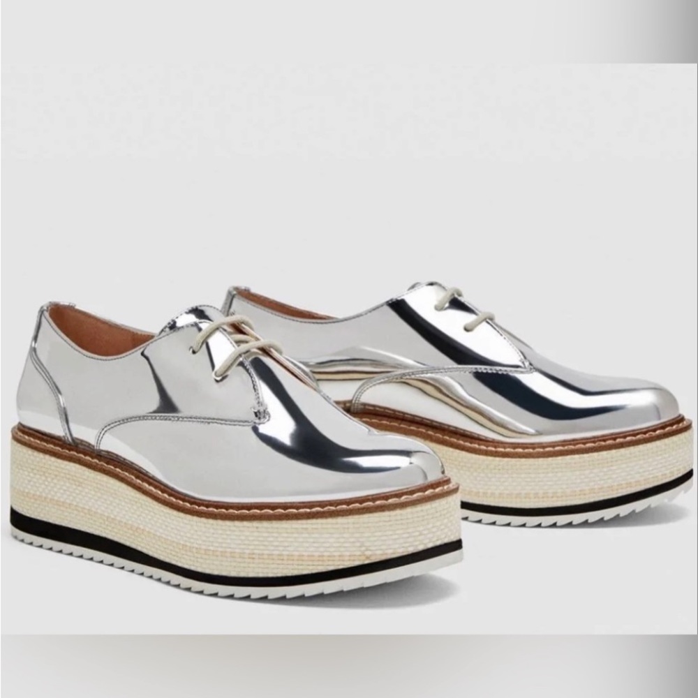 Zara Metallic Silver Platform Derby Shoes Sz 40 EU 9 US